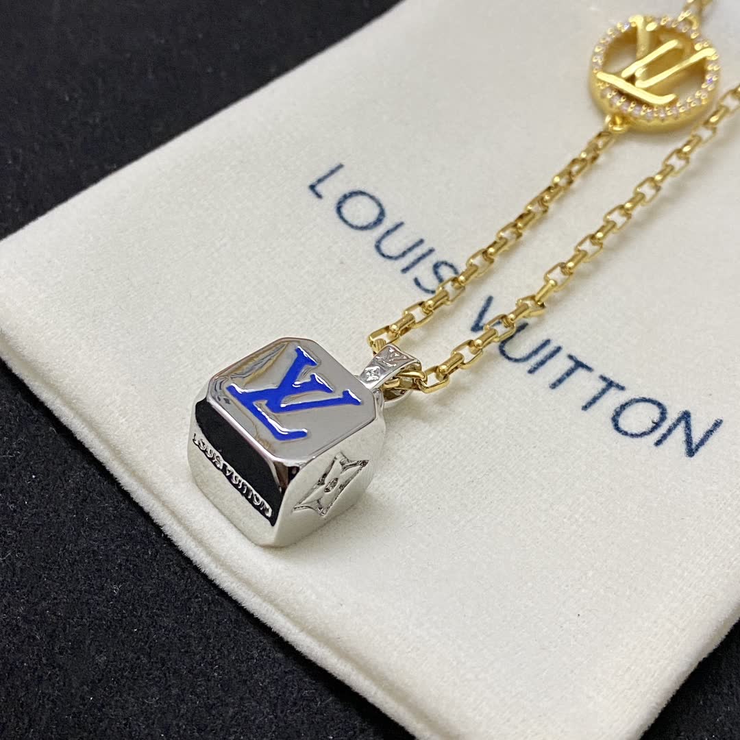 Louis Vuitton Gold Tone Chain Necklace with Logo Pendant
